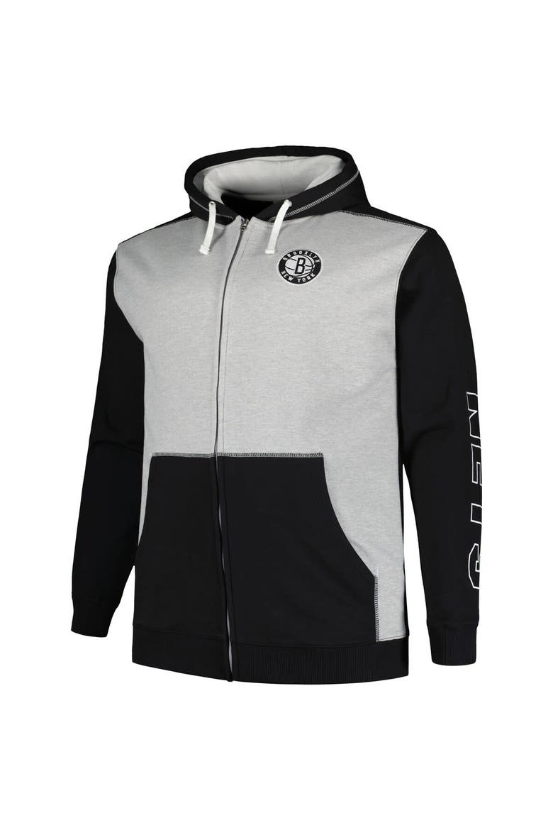 Men's Fanatics Branded Black/Heather Gray Brooklyn Nets Big & Tall Contrast Pieced Stitched Full-Zip Hoodie, Alternate, color, Black