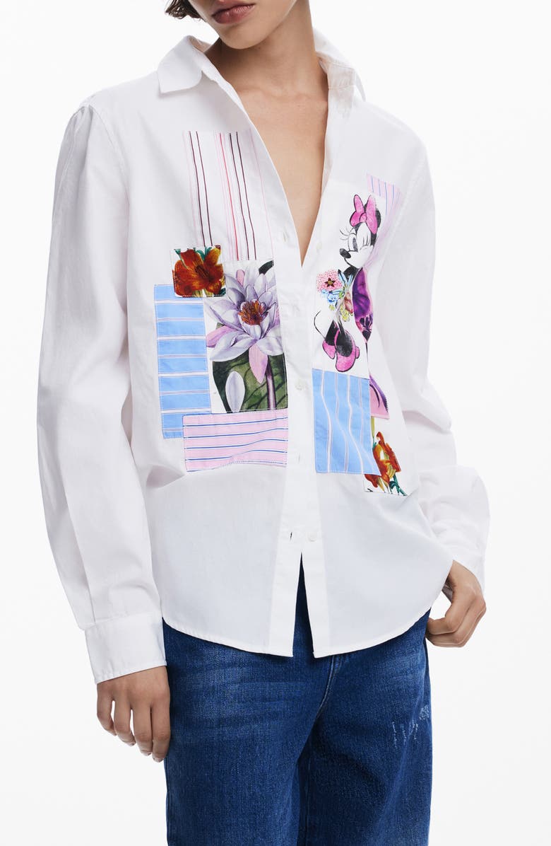 Desigual Minnie Mouse Patchwork Button-Up Shirt, Main, color, White