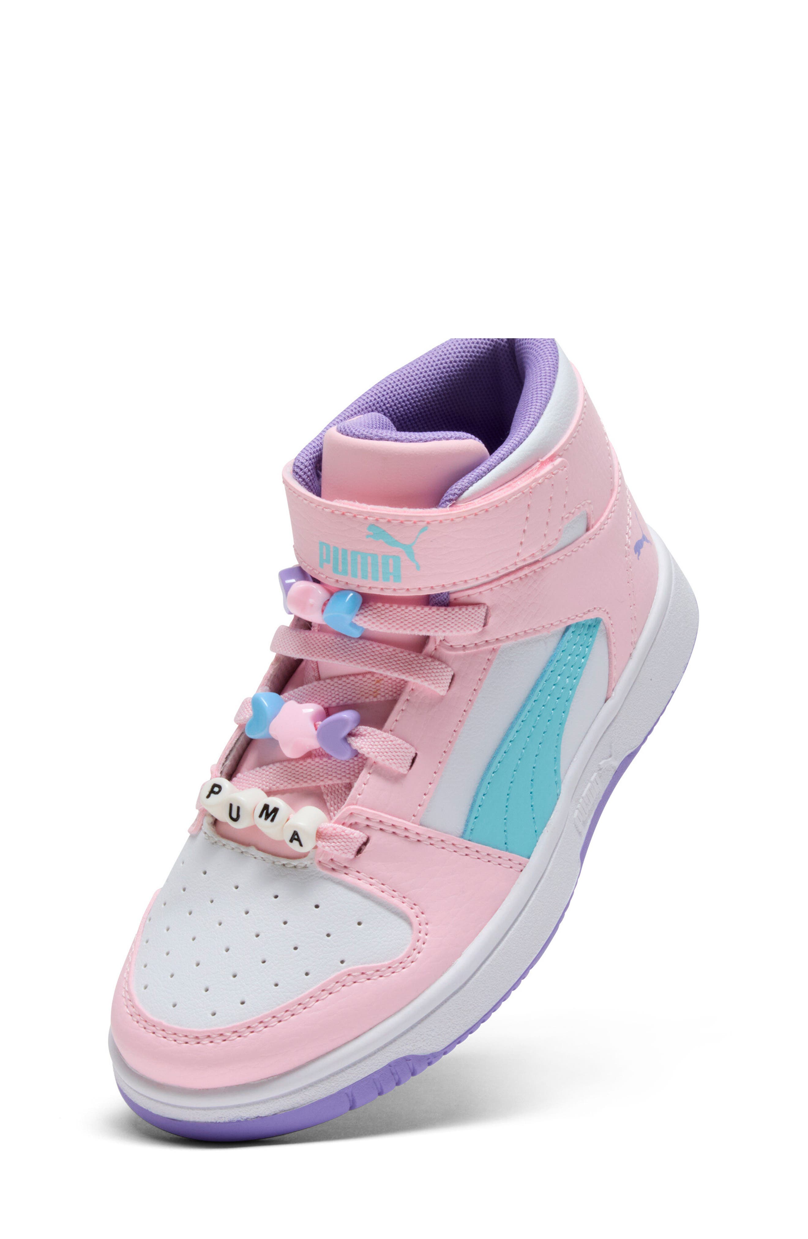 PUMA Kids' Rebound Layup High Top Sneaker, Alternate, color, Puma White/ Pink/ Aqua