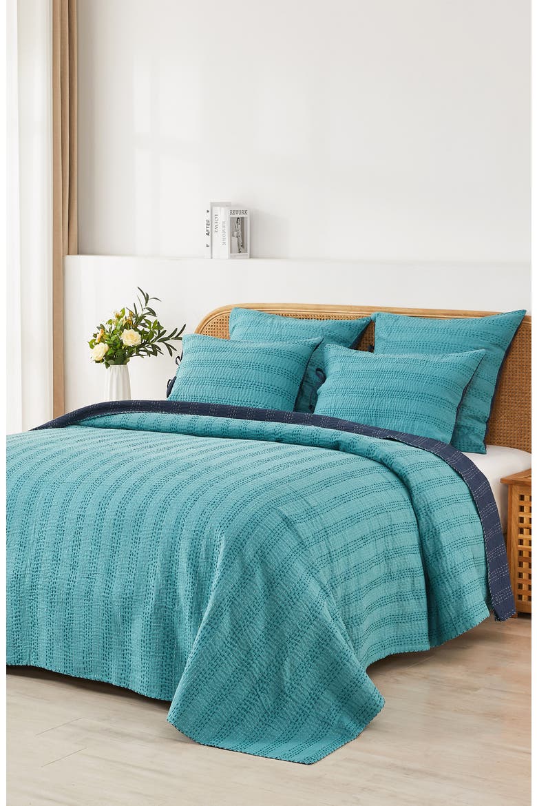 Kantha Reversible Cotton Coverlet, Alternate, color, NAVY AND TEAL