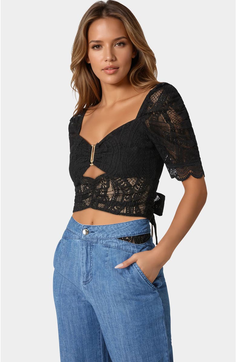 bebe Puff Sleeve Lace Top, Alternate, color, Black