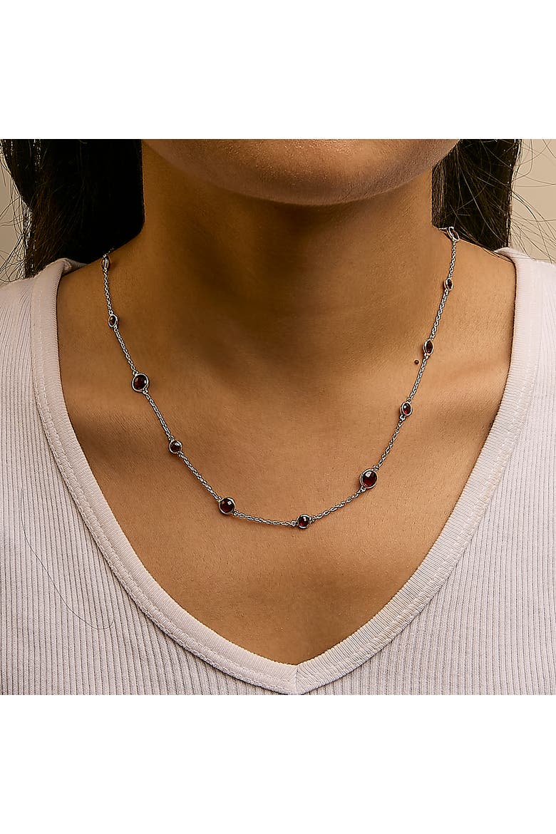 .925 Sterling Silver Checkerboard Cut Red Garnet Bezel Station Necklace, Alternate, color, White