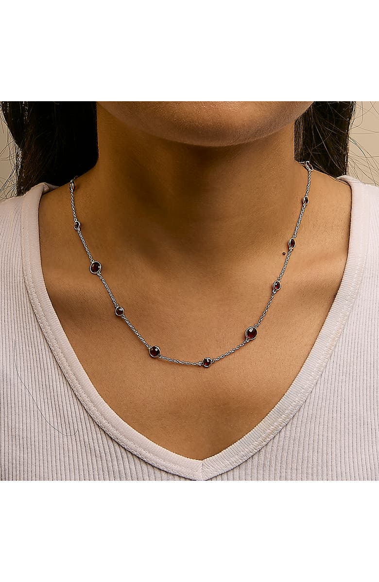 Haus of Brilliance .925 Sterling Silver Checkerboard Cut Red Garnet Bezel Station Necklace, Alternate, color, White
