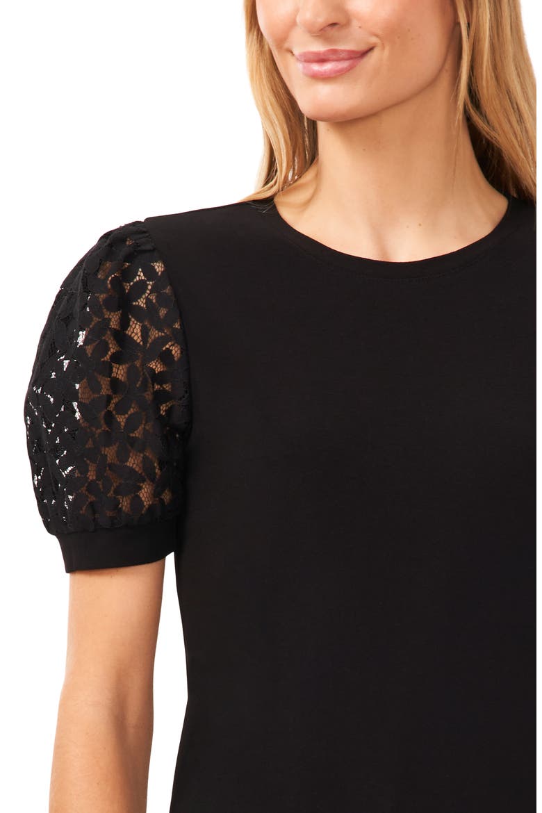Lace Puff Sleeve Knit Top, Alternate, color, RICH BLACK