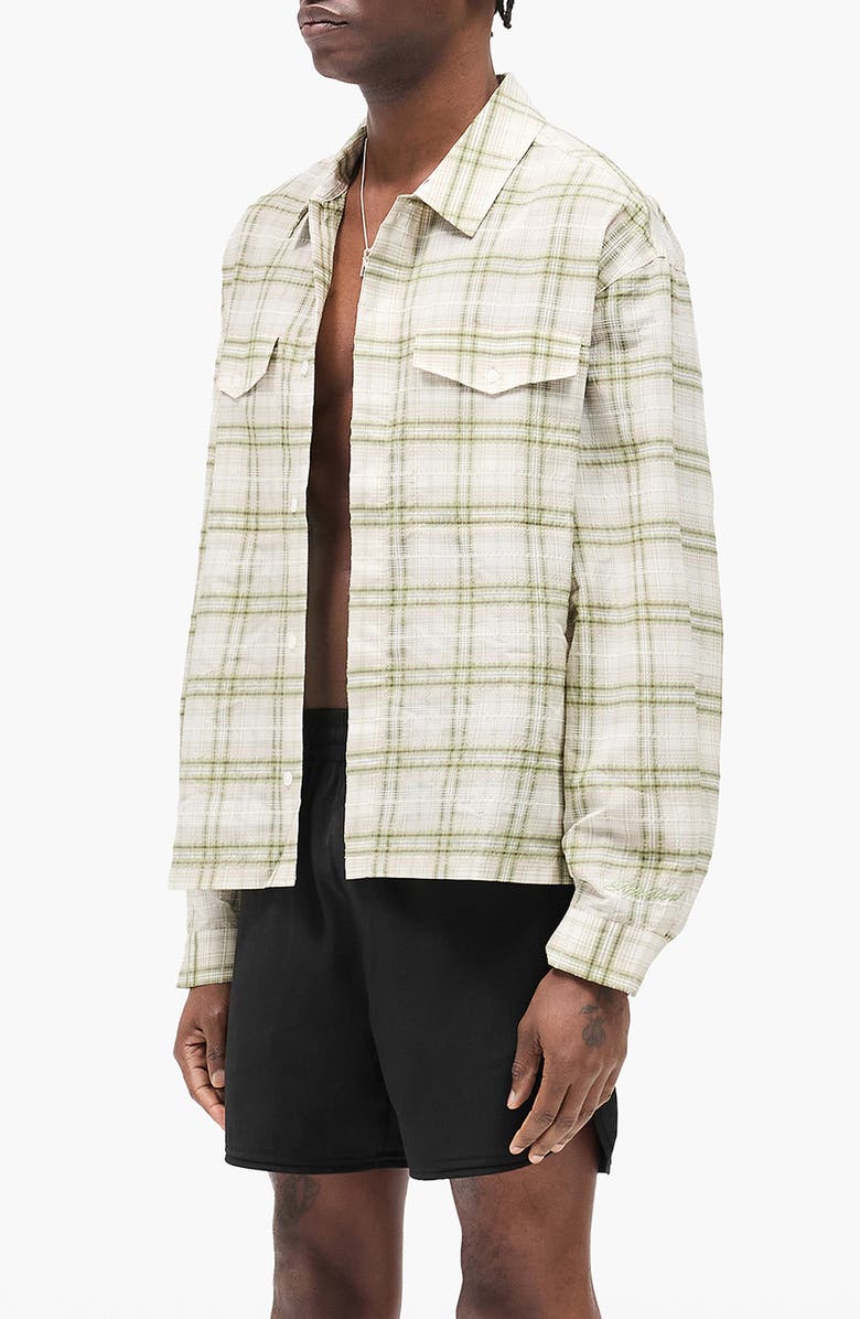 Represent Plaid Texture Sheer Flannel Button-Up Shirt, Alternate, color, Green