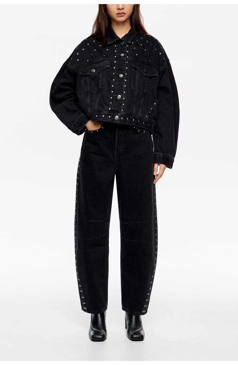 Bimba y Lola Studded Denim Jacket, Main, color, Black
