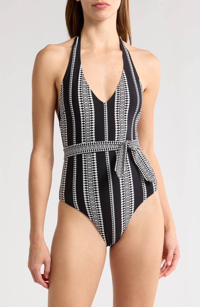lemlem Lidya Tie Waist Halter One-Piece Swimsuit, Main, color, Luchia Black