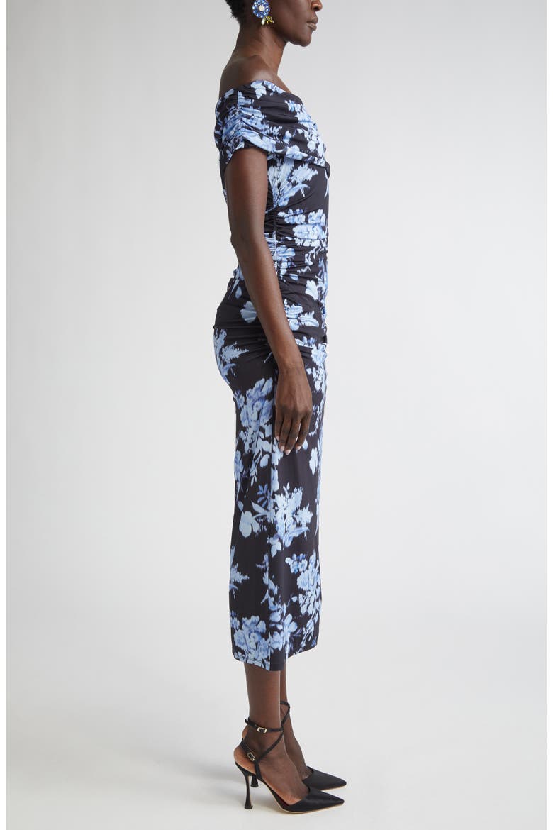 Floral Print Ruched Off the Shoulder Jersey Gown, Alternate, color, MIDNIGHT MULTI