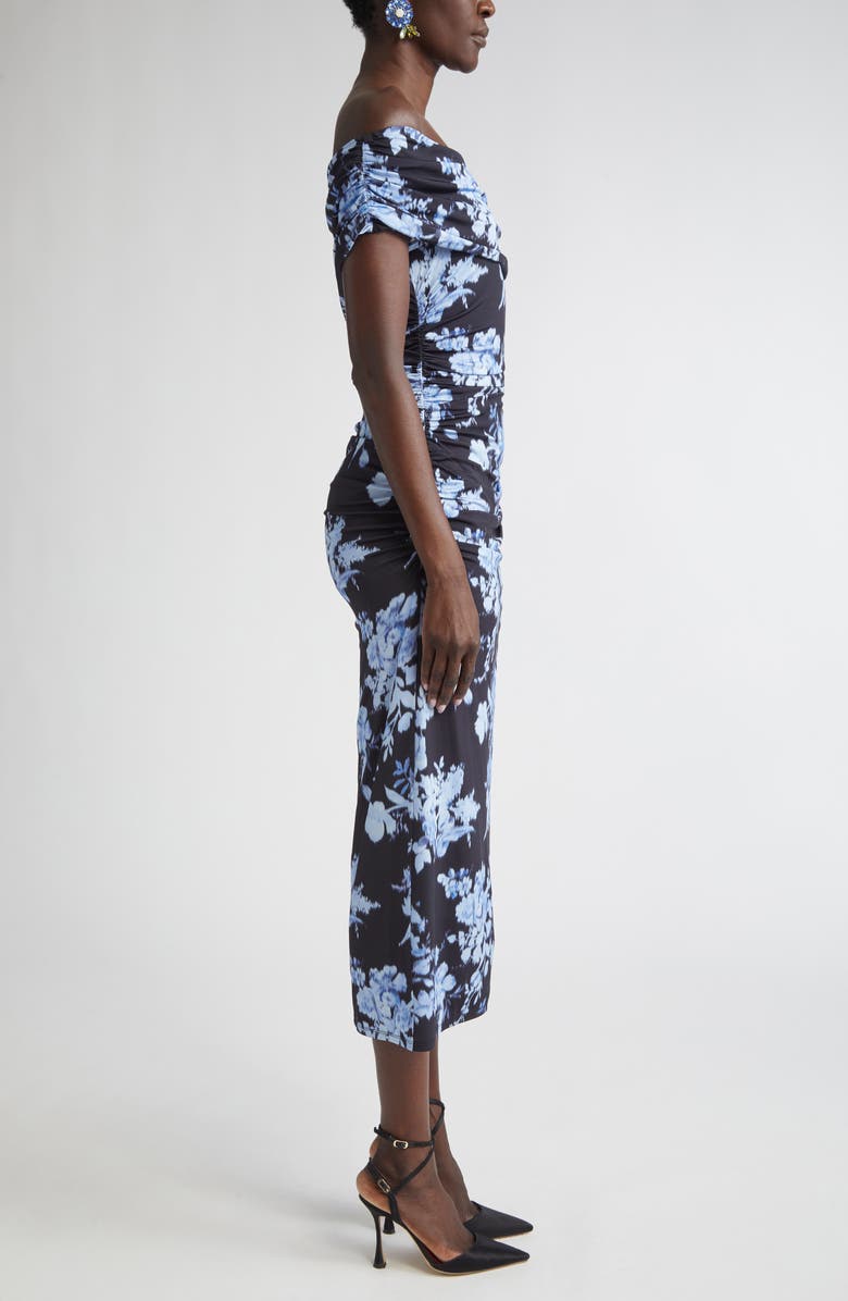 Carolina Herrera Floral Print Ruched Off the Shoulder Jersey Gown, Alternate, color, Midnight Multi