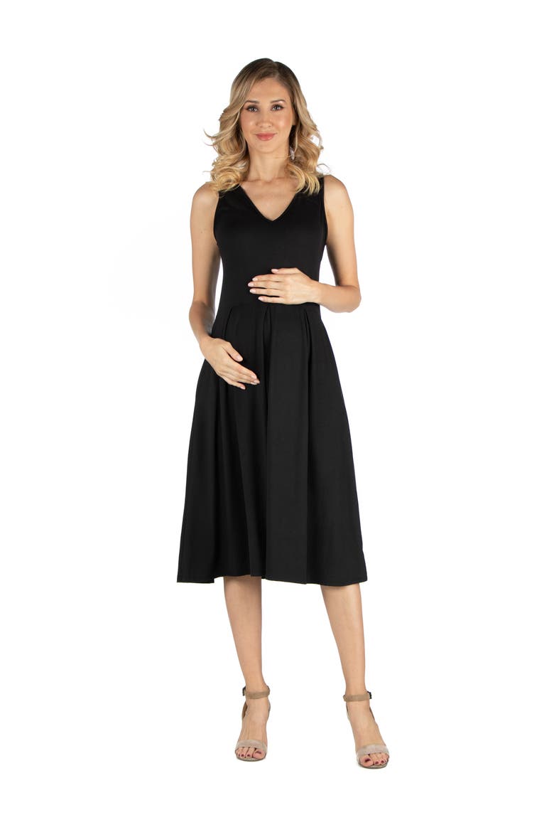 Maternity Fit and Flare Sleeveless Midi Dress with Pockets, Main, color, Black