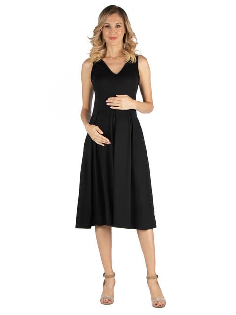 Maternity Fit and Flare Sleeveless Midi Dress with Pockets