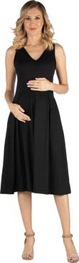 24seven Comfort Apparel Maternity Fit and Flare Sleeveless Midi Dress with Pockets
