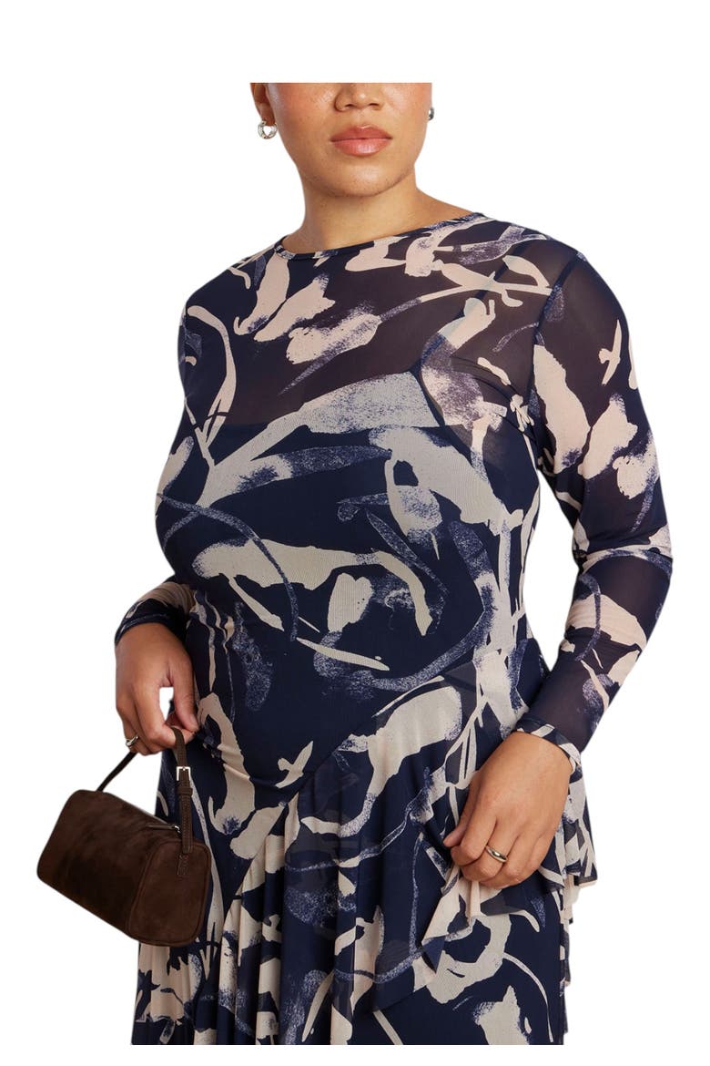Asym Printed Midi Dress, Alternate, color, INK BLOTCH NAVY