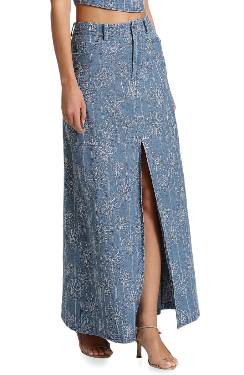 Avec Les Filles Floral Embroidered Slit Denim Maxi Skirt, Alternate, color, 
