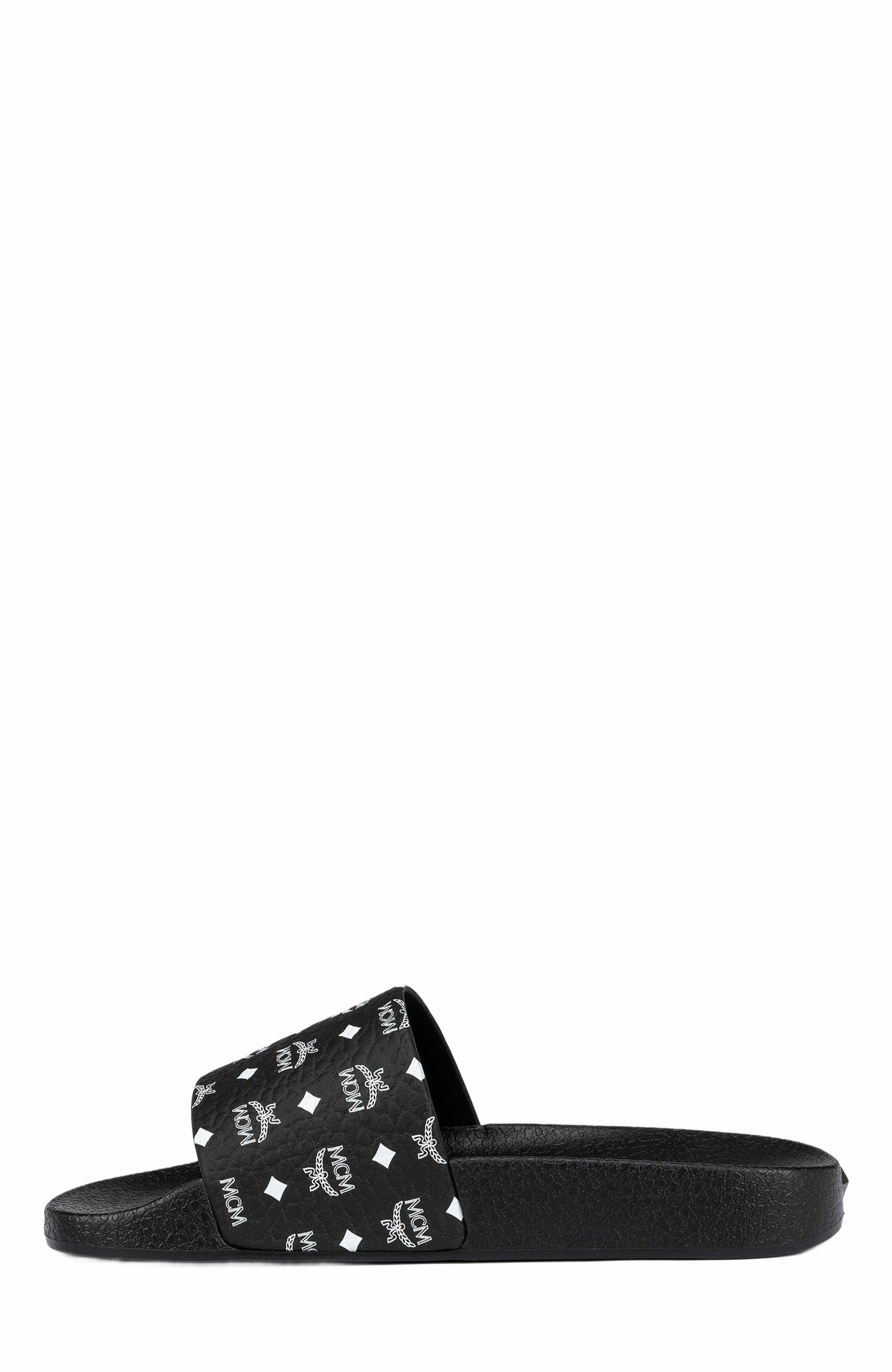 MCM Men's Monogram Print Rubber Slides, Alternate, color, Black