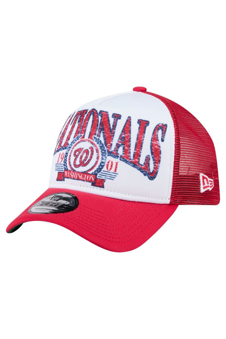 Men's New Era  Red Washington Nationals Distressed 9FORTY A-Frame Adjustable Trucker Hat, Main, color, Red