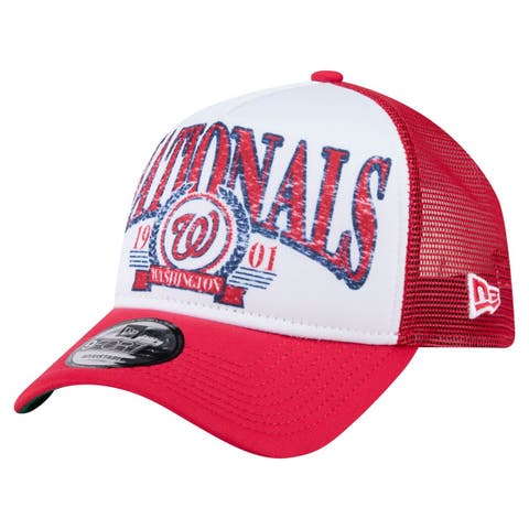 Men's New Era  Red Washington Nationals Distressed 9FORTY A-Frame Adjustable Trucker Hat
