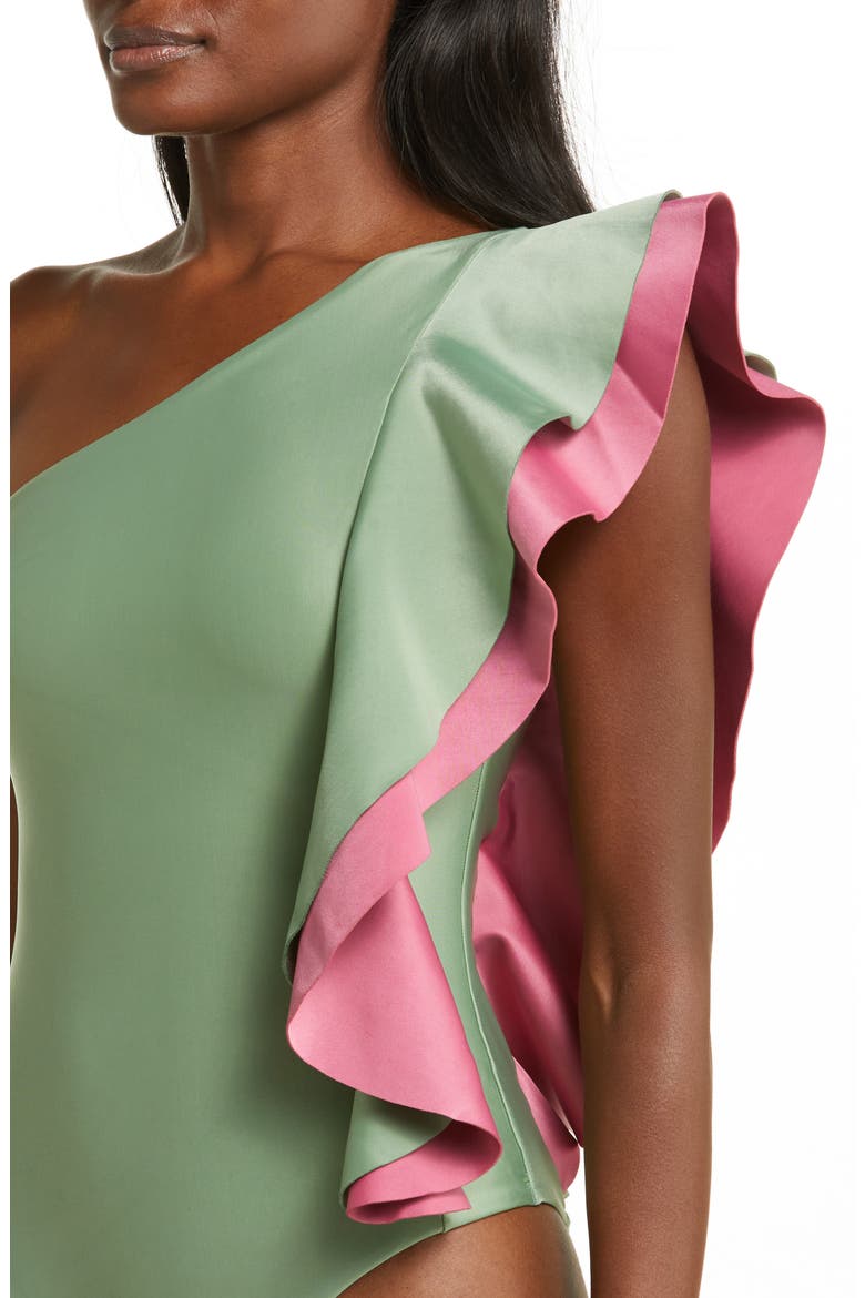 Ruffle One-Shoulder One-Piece Swimsuit, Alternate, color, GREEN