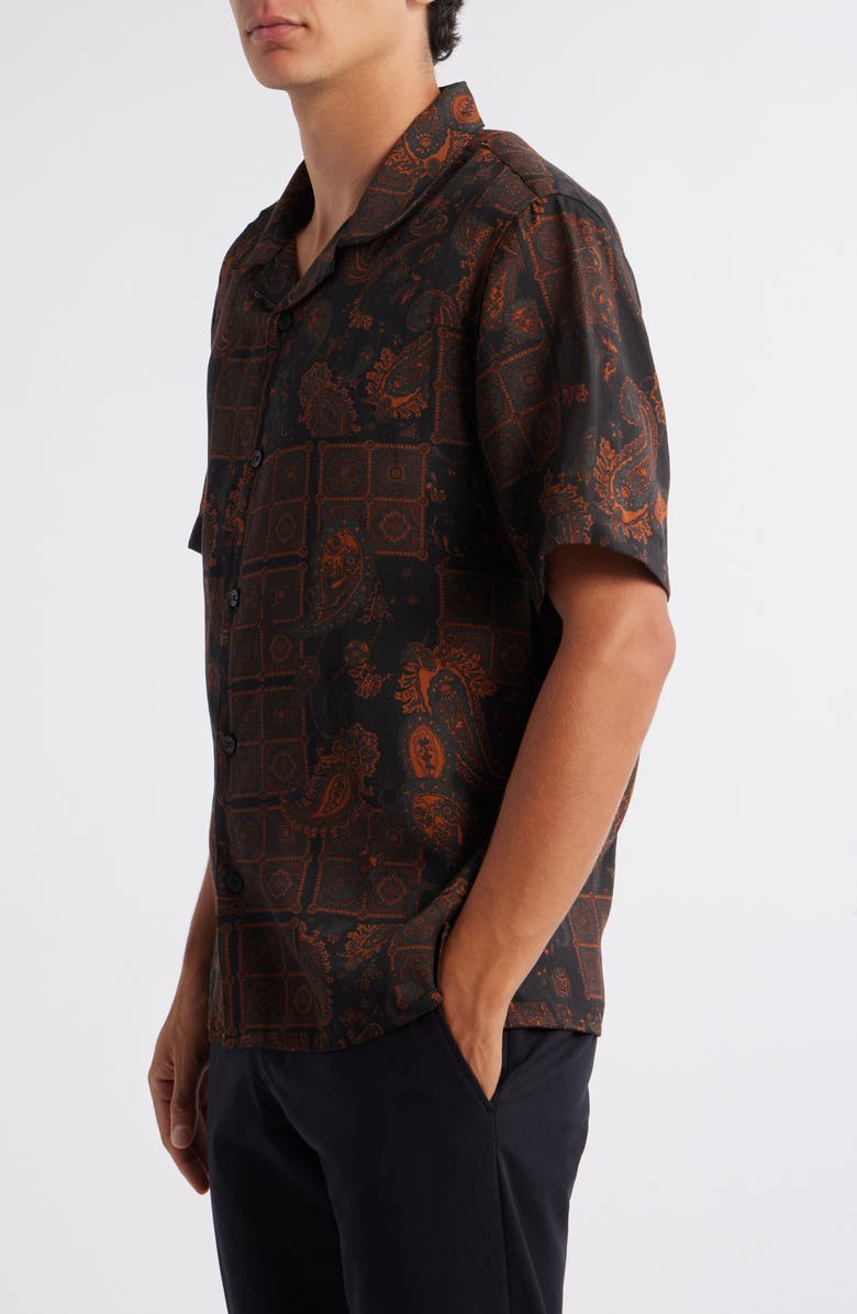 Wax London Didicot Geo & Paisley Print Lyocell Camp Shirt, Alternate, color, Black / Brown