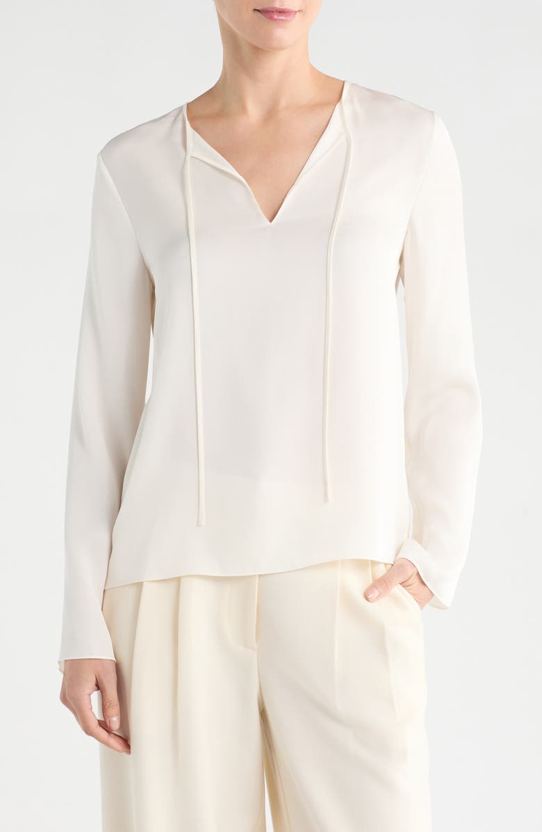 Theory Tie Neck Long Sleeve Silk Georgette Top, Main, color, Ivory