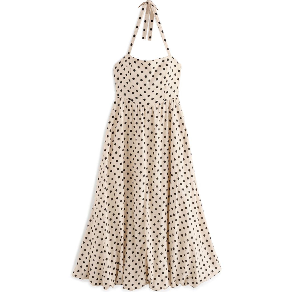 Next Spotty Halter Neck Linen Blend Fit & Flare Dress