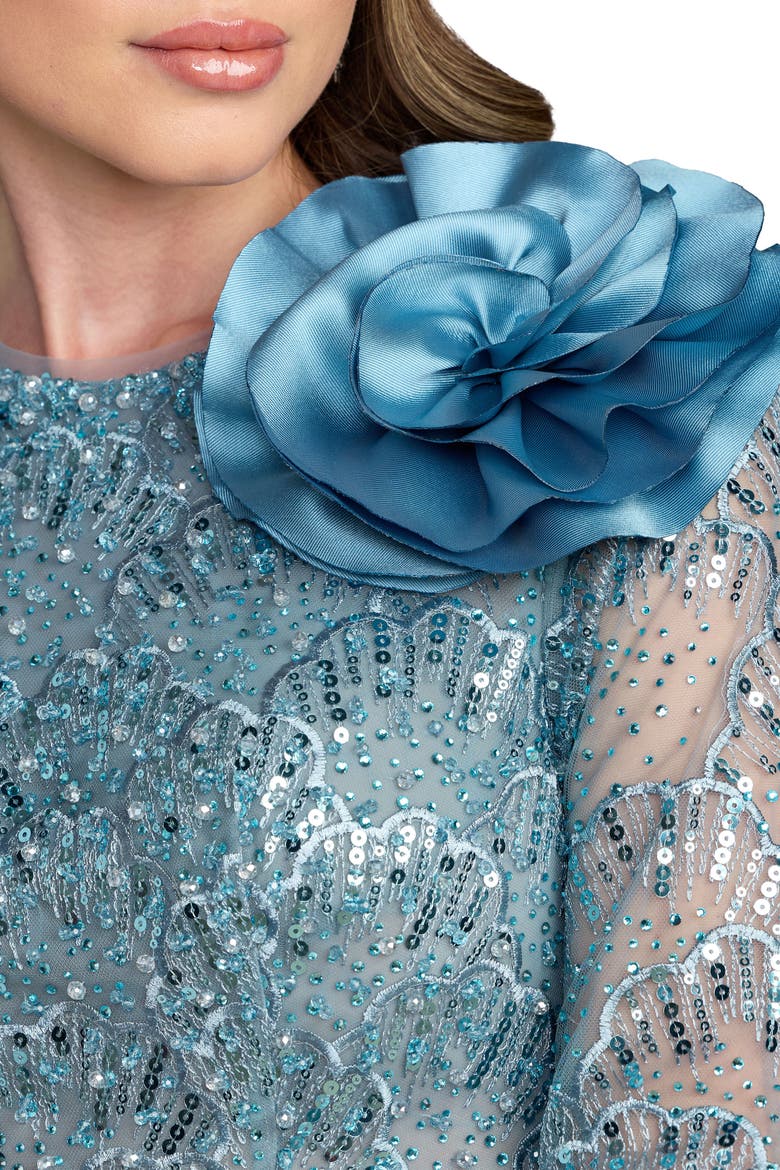Embroidered Long Sleeve Flower Detail Gown, Alternate, color, French Blue