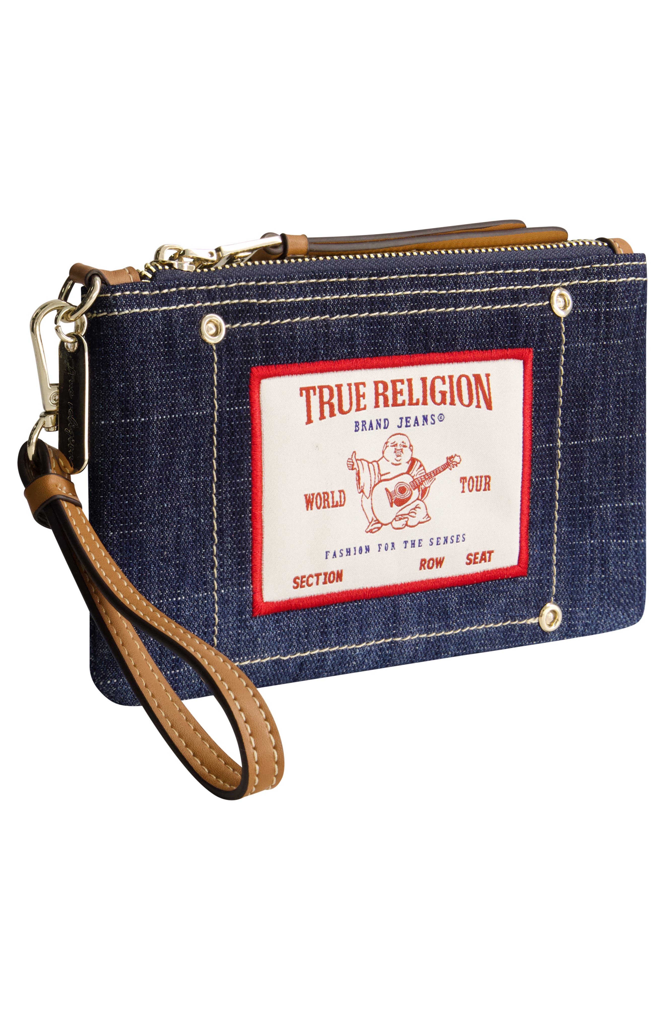 Buddha Patch Denim Wristlet, Alternate, color, DARK DENIM