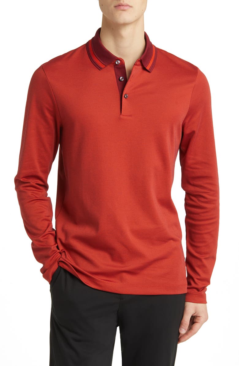 BOSS Pleins Long Sleeve Polo, Main, color, Dark Red