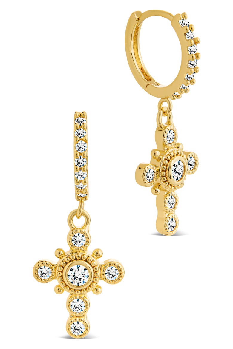 Lisbeth Micro Hoop Cubic Zirconia Cross Drop Earrings, Main, color, GOLD