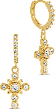 Sterling Forever Lisbeth Micro Hoop Cubic Zirconia Cross Drop Earrings