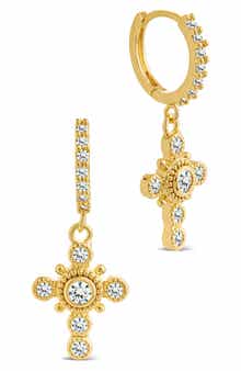 Sterling Forever Lisbeth Micro Hoop Cubic Zirconia Cross Drop Earrings