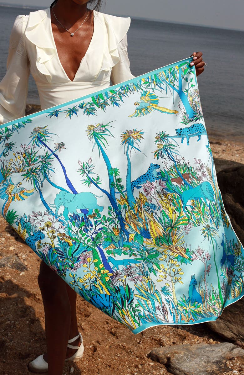 Jessie Zhao New York Double Sided Silk Scarf Of Blue Animal Kingdom, Alternate, color, Blue