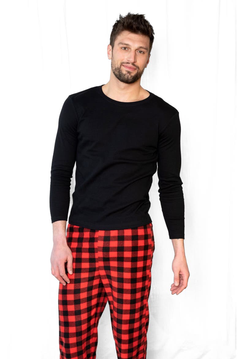 Men's Cotton Top & Fleece Pants Printed Matching Family Holiday Pajama Set, Alternate, color, Plaid Black & Red