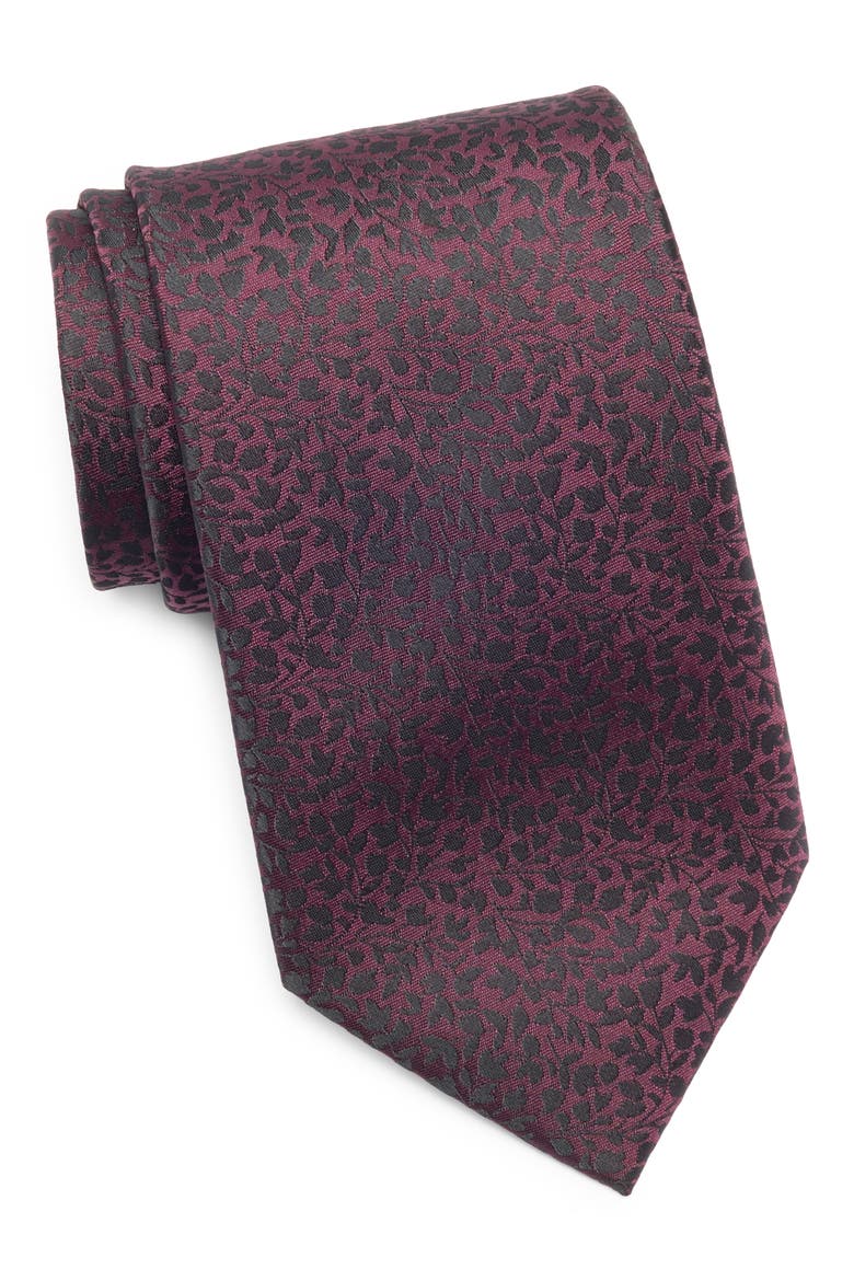 Leaf Jacquard Tie, Main, color, BURGUNDY