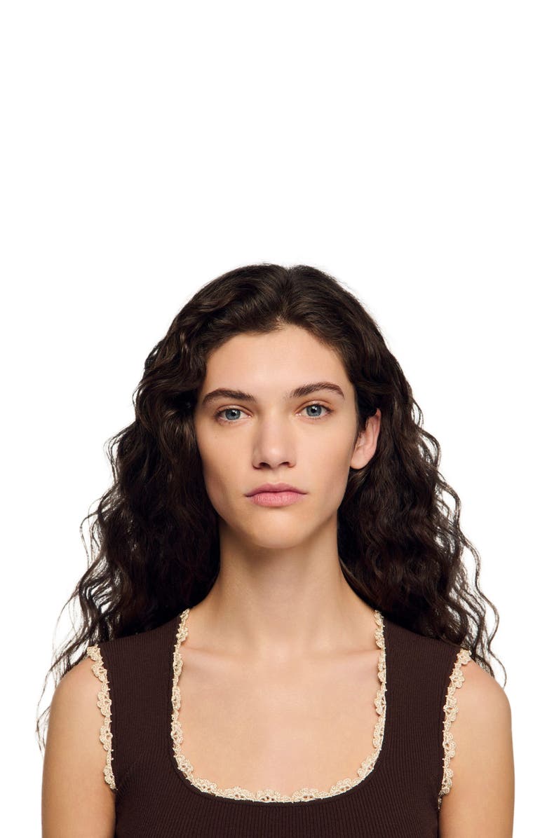 SANDRO Crochet detail knit top, Alternate, color, Brown