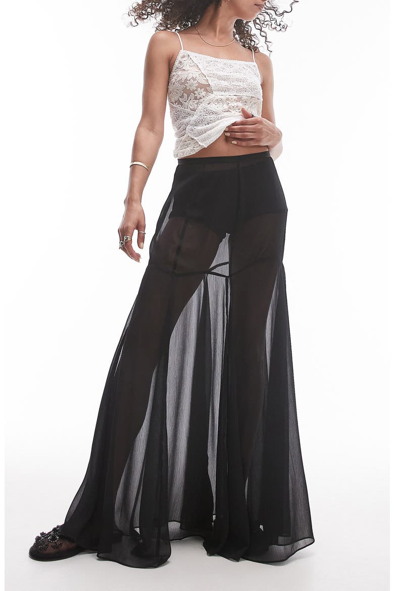 Godet Sheer Maxi Skirt, Main, color, BLACK