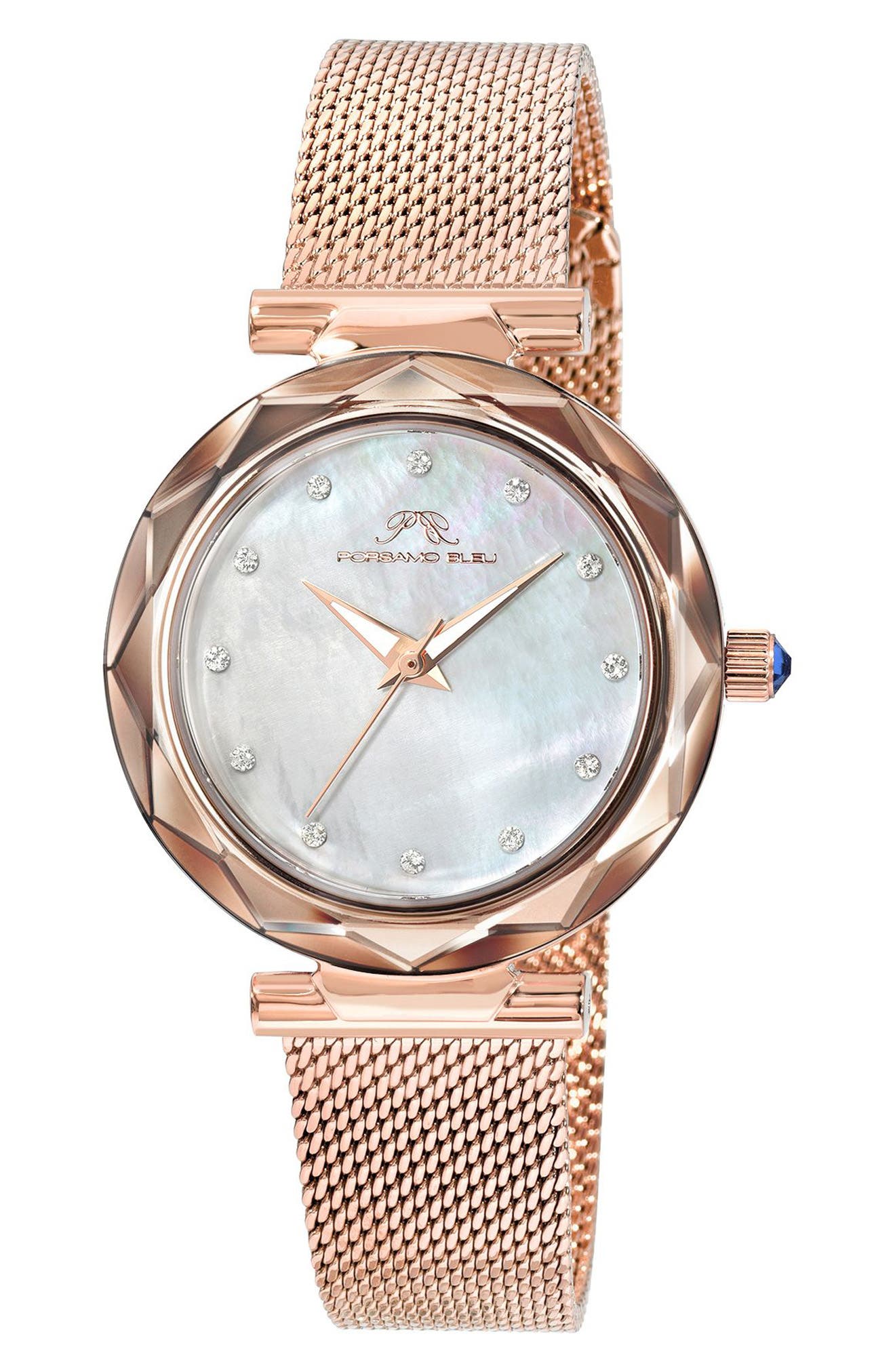 PORSAMO BLEU Hazel White Topaz Mother of Pearl Dial 3-Hand Quartz Mesh Strap Watch, 33mm