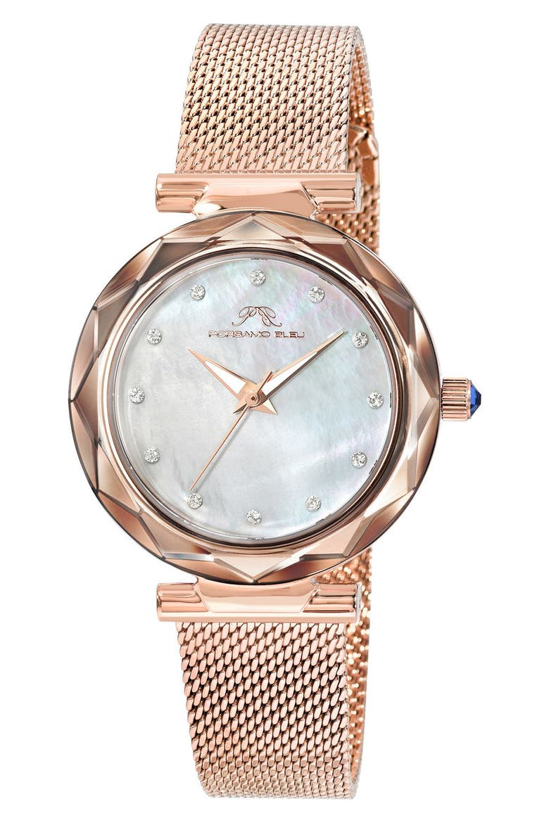 Hazel White Topaz Mother of Pearl Dial 3-Hand Quartz Mesh Strap Watch, 33mm, Main, color, ROSE