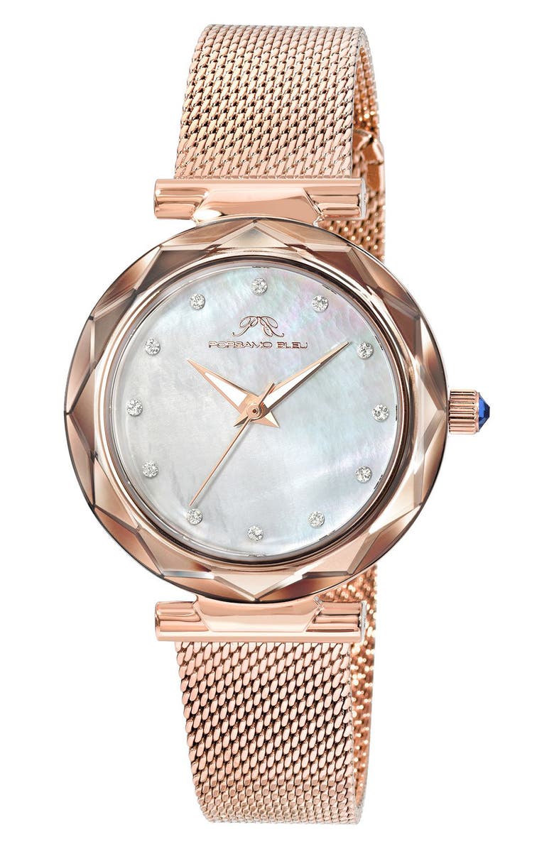PORSAMO BLEU Hazel White Topaz Mother of Pearl Dial 3-Hand Quartz Mesh Strap Watch, 33mm, Main, color, 