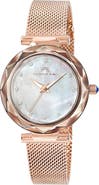PORSAMO BLEU Hazel White Topaz Mother of Pearl Dial 3-Hand Quartz Mesh Strap Watch, 33mm