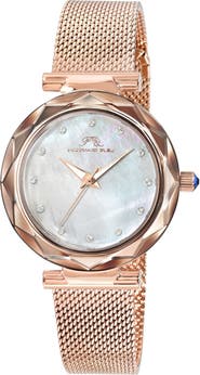PORSAMO BLEU Hazel White Topaz Mother of Pearl Dial 3-Hand Quartz Mesh Strap Watch, 33mm
