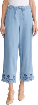 Jones New York Embroidered Border High Waist Crop Wide Leg Drawstring Jeans