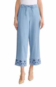 Embroidered Border High Waist Crop Wide Leg Drawstring Jeans