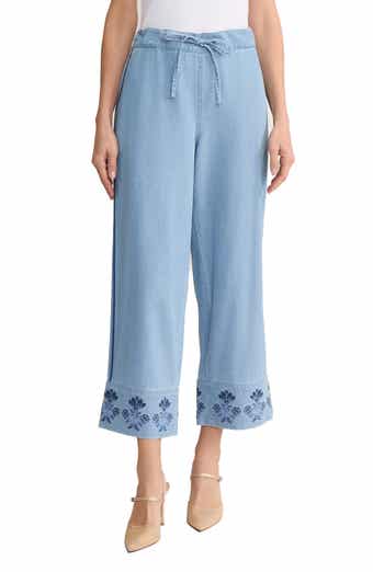 Embroidered Border High Waist Crop Wide Leg Drawstring Jeans