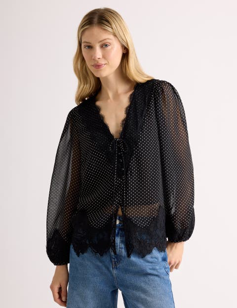 Lace Trim Chiffon Spot Blouse