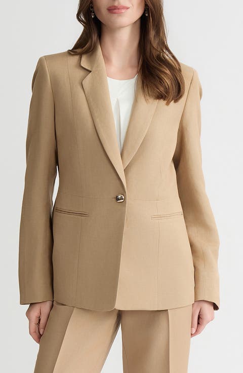 One-Button Linen Blend Peplum Blazer