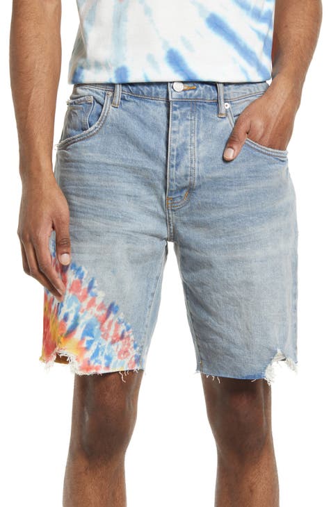 PURPLE Tie Dye Raw Hem Denim Shorts