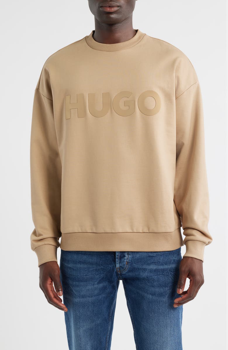HUGO Dinex Cotton French Terry Crewneck Sweatshirt, Main, color, Medium Beige