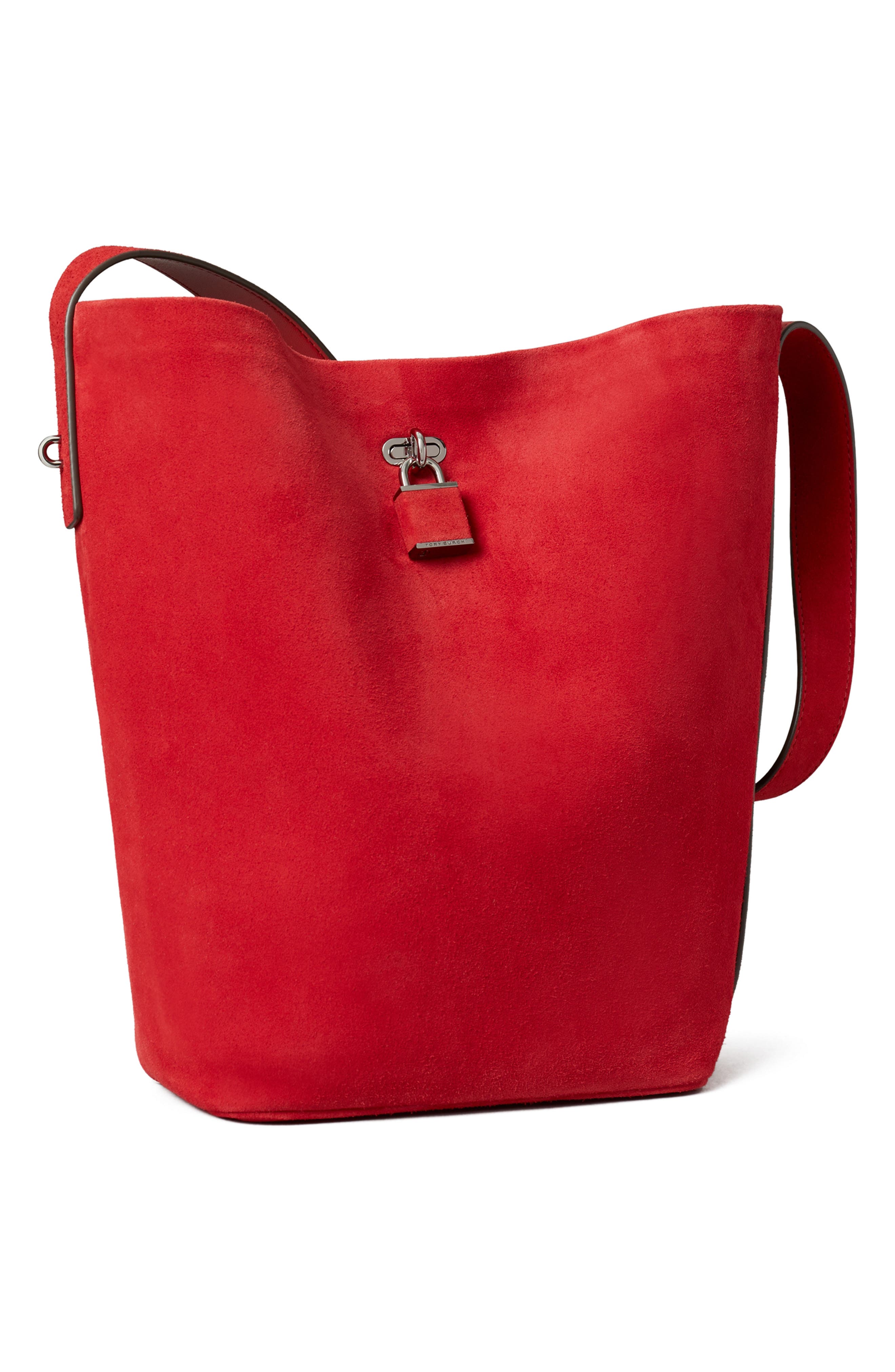 Tory Burch Slim Suede Bucket Bag, Alternate, color, Red
