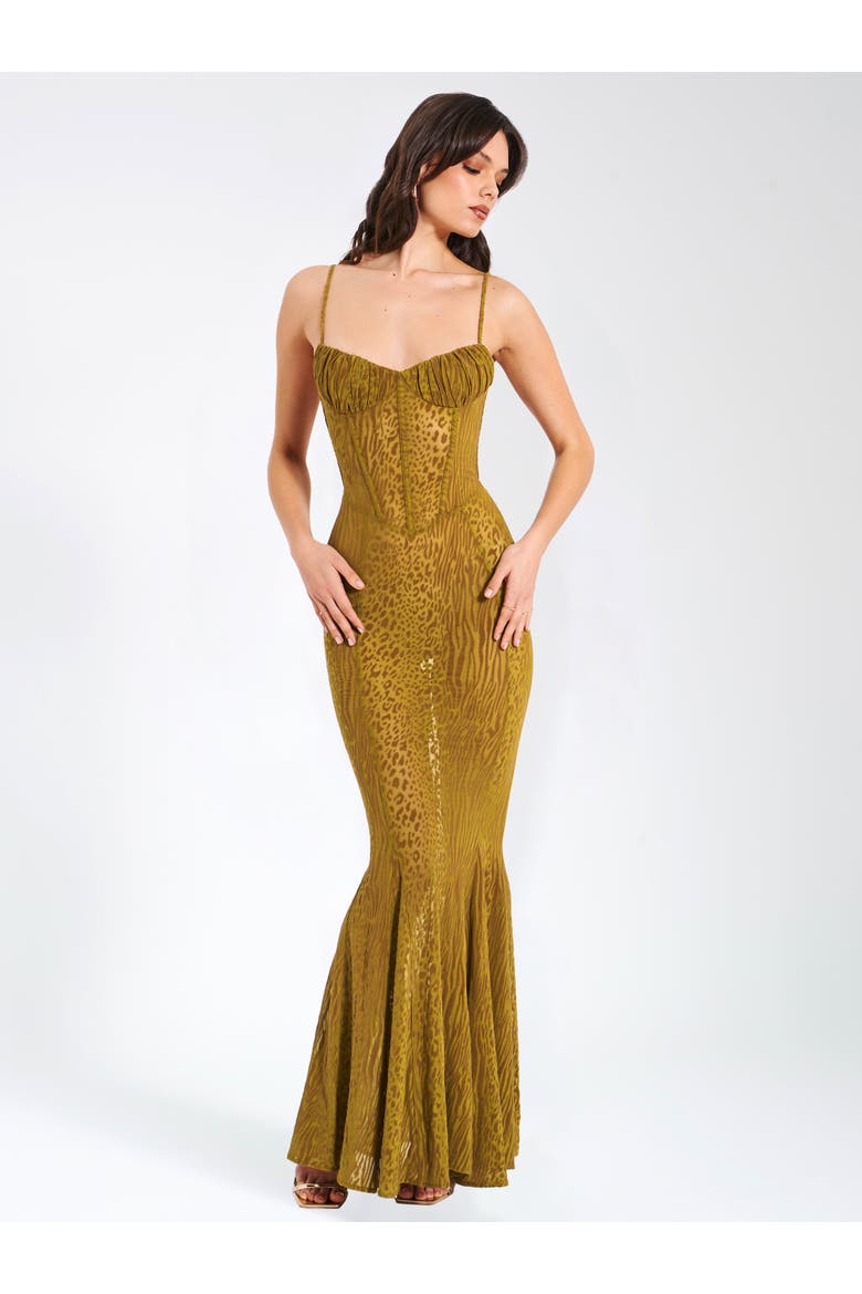 Ulani Burnout Velvet Detail Mesh Maxi Mermaid Dress, Alternate, color, Gold